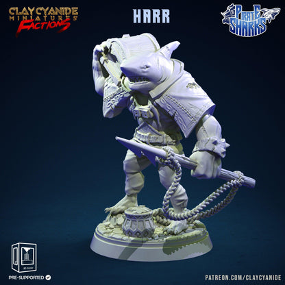 Harr, the Pirate Shark with a Harpoon and Treasure Chest Miniature | Aquatic DnD Miniature | Pirate Shark 32mm Scale - Plague Miniatures