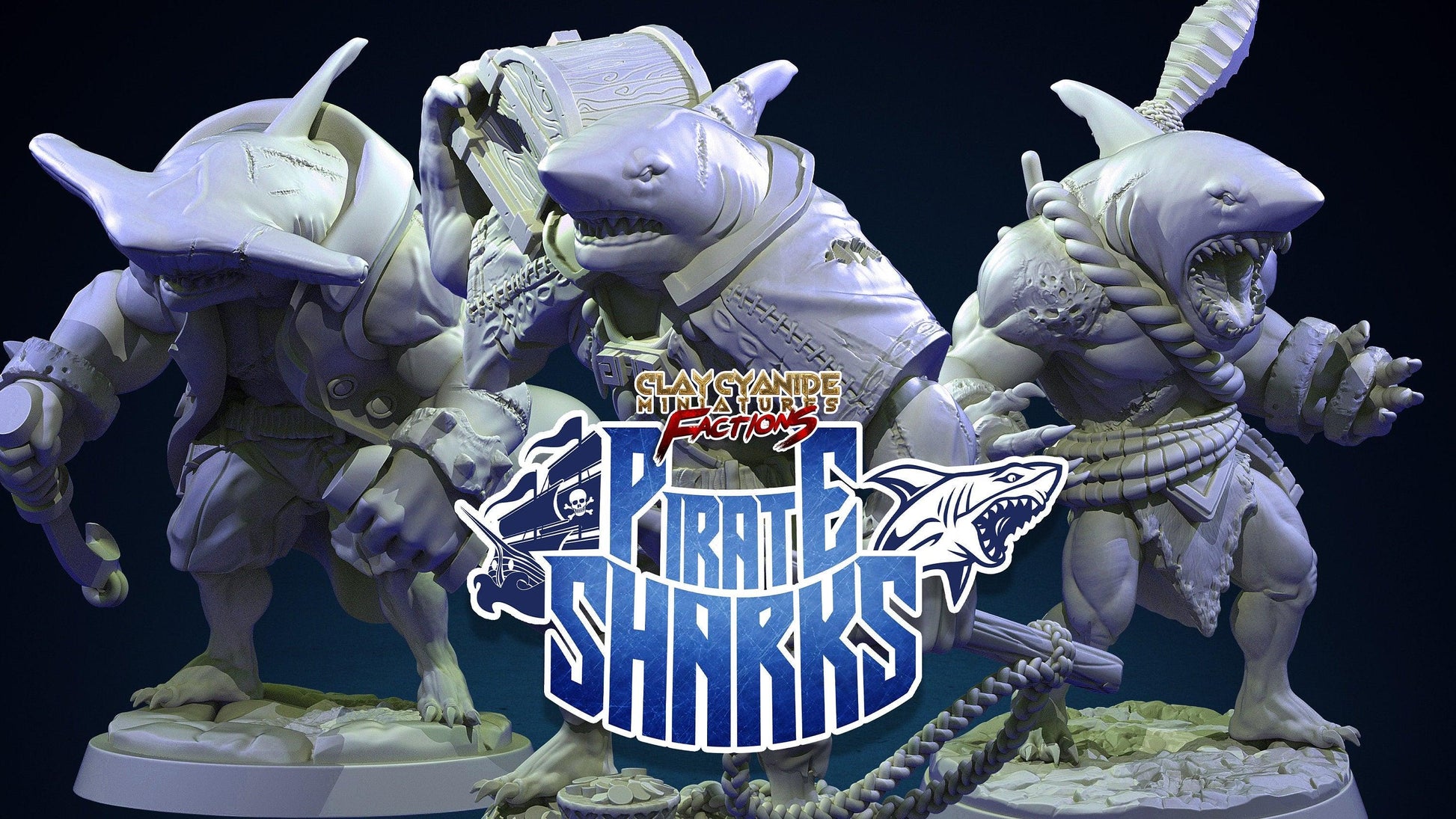 Harr, the Pirate Shark with a Harpoon and Treasure Chest Miniature | Aquatic DnD Miniature | Pirate Shark 32mm Scale - Plague Miniatures shop for DnD Miniatures