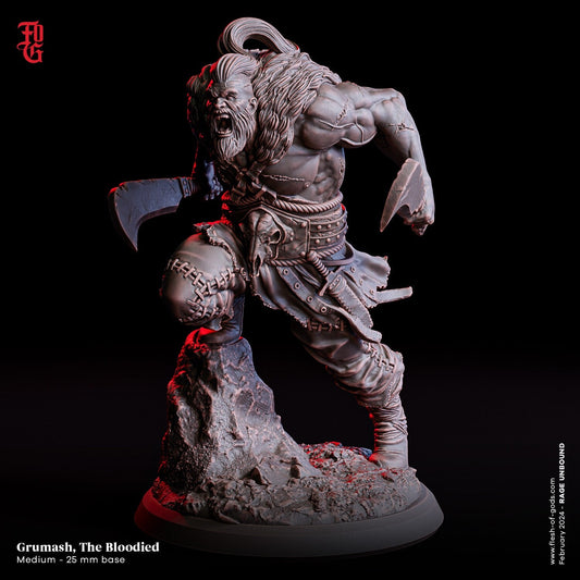 Grumash, the Bloodied Miniature | Frenzied Warrior of Unyielding Rage | 32mm Scale or 75mm Scale - Plague Miniatures
