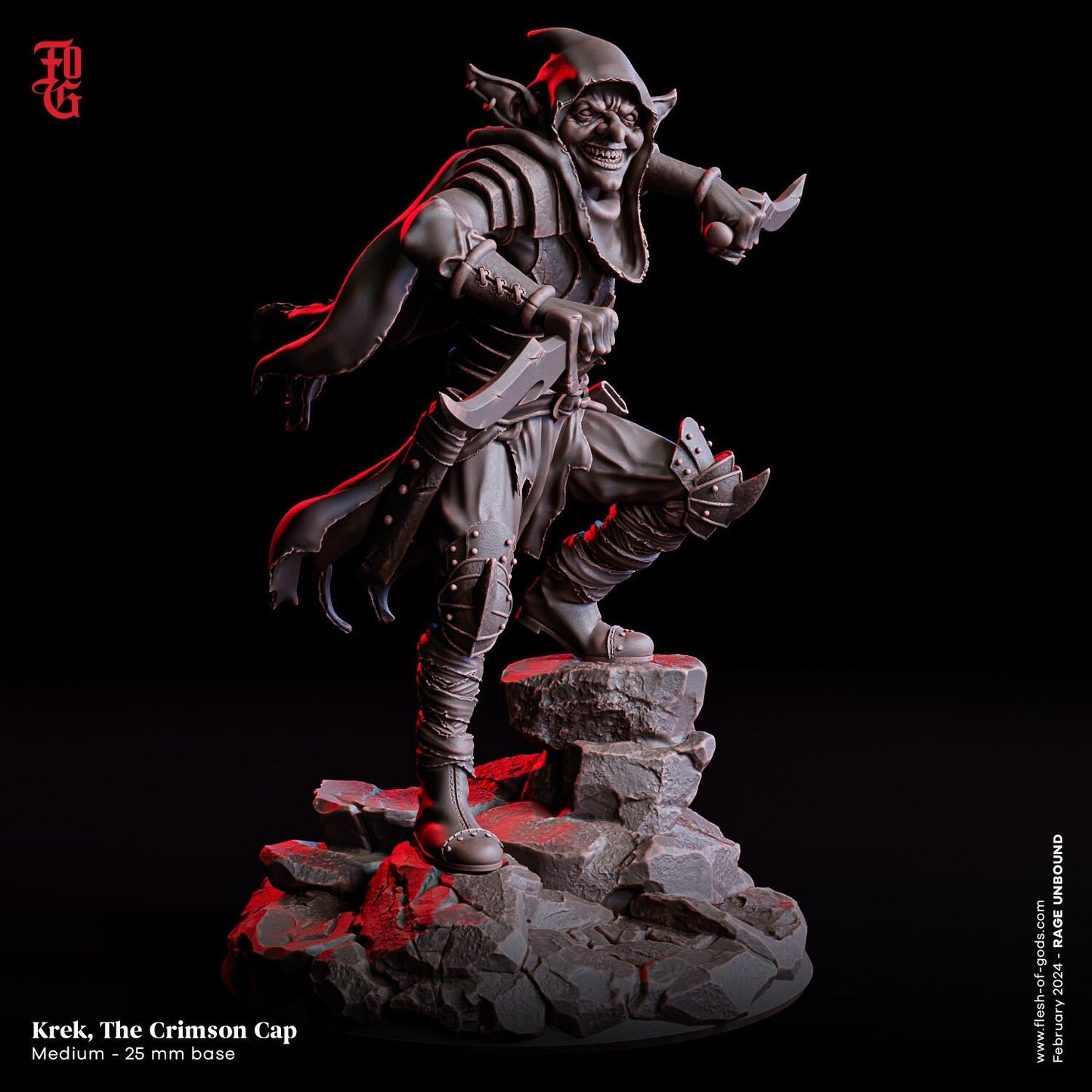 Krek, the Crimson Cap Goblin Rogue Miniature | Stealthy Scoundrel of the Shadows | 32mm Scale or 75mm Scale - Plague Miniatures