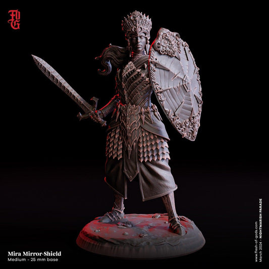 Mira, the Mirror Shield Paladin Miniature | Female Human | 32mm Scale and 75mm Scale - Plague Miniatures