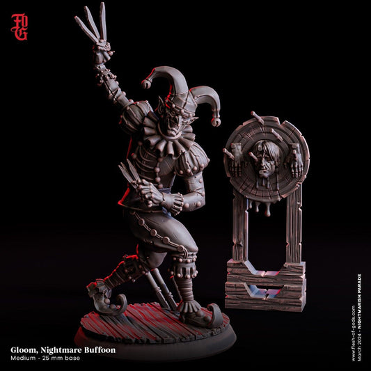 Gloom the Jester Miniature | Nightmare Fools Monster Miniature | 32mm Scale and 75mm Scale - Plague Miniatures