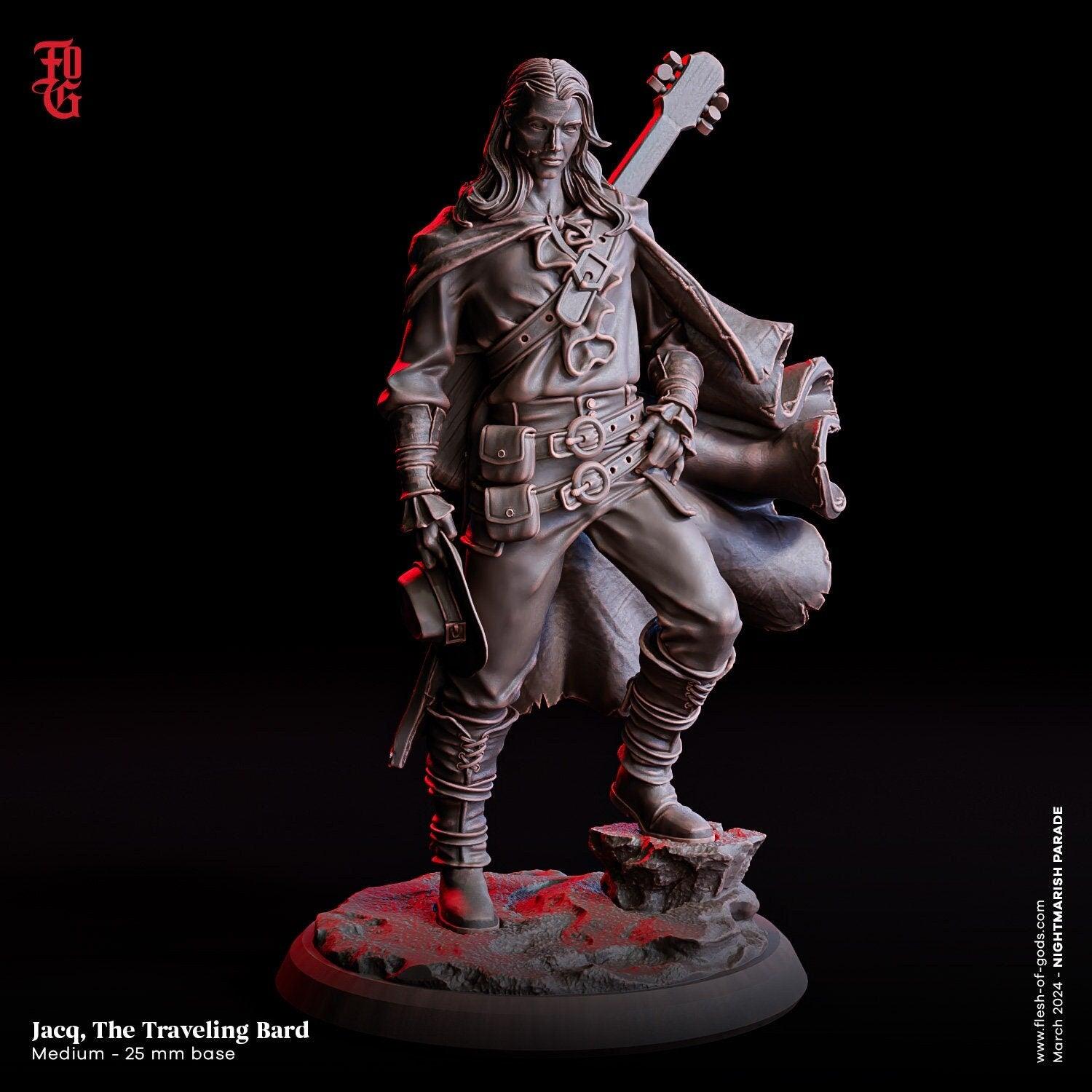 Jacq Leroux, Traveling Bard Figurine | Nomad Human NPC | 32mm Scale and 75mm Scale - Plague Miniatures