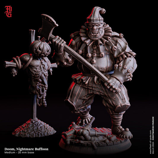 Doom the Jester Miniature | Nightmare Fools Monster Miniature | 32mm Scale and 75mm Scale - Plague Miniatures