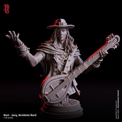 Jacq Leroux, Bard Extraordinaire Miniature | Human Bard NPC | 32mm Scale and 75mm Scale - Plague Miniatures