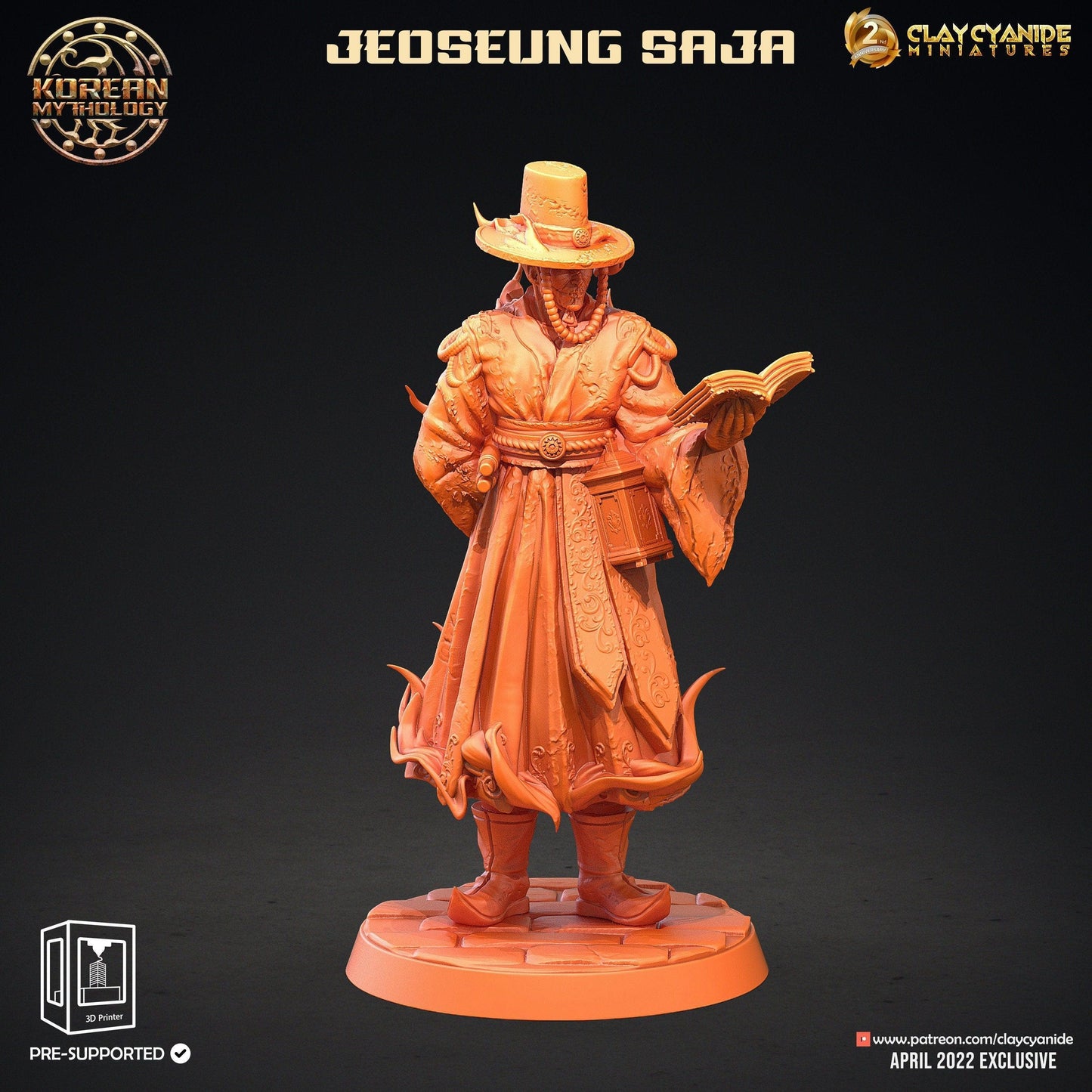 Jeoseung Saja miniature with Book | 3 Unique Figures with Skull Staff, Pipe, and Book for Tabletop RPGs | 32mm Scale - Plague Miniatures