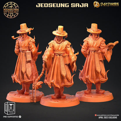 Jeoseung Saja miniature with Book | 3 Unique Figures with Skull Staff, Pipe, and Book for Tabletop RPGs | 32mm Scale - Plague Miniatures