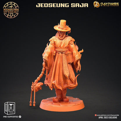 Jeoseung Saja miniature with Book | 3 Unique Figures with Skull Staff, Pipe, and Book for Tabletop RPGs | 32mm Scale - Plague Miniatures