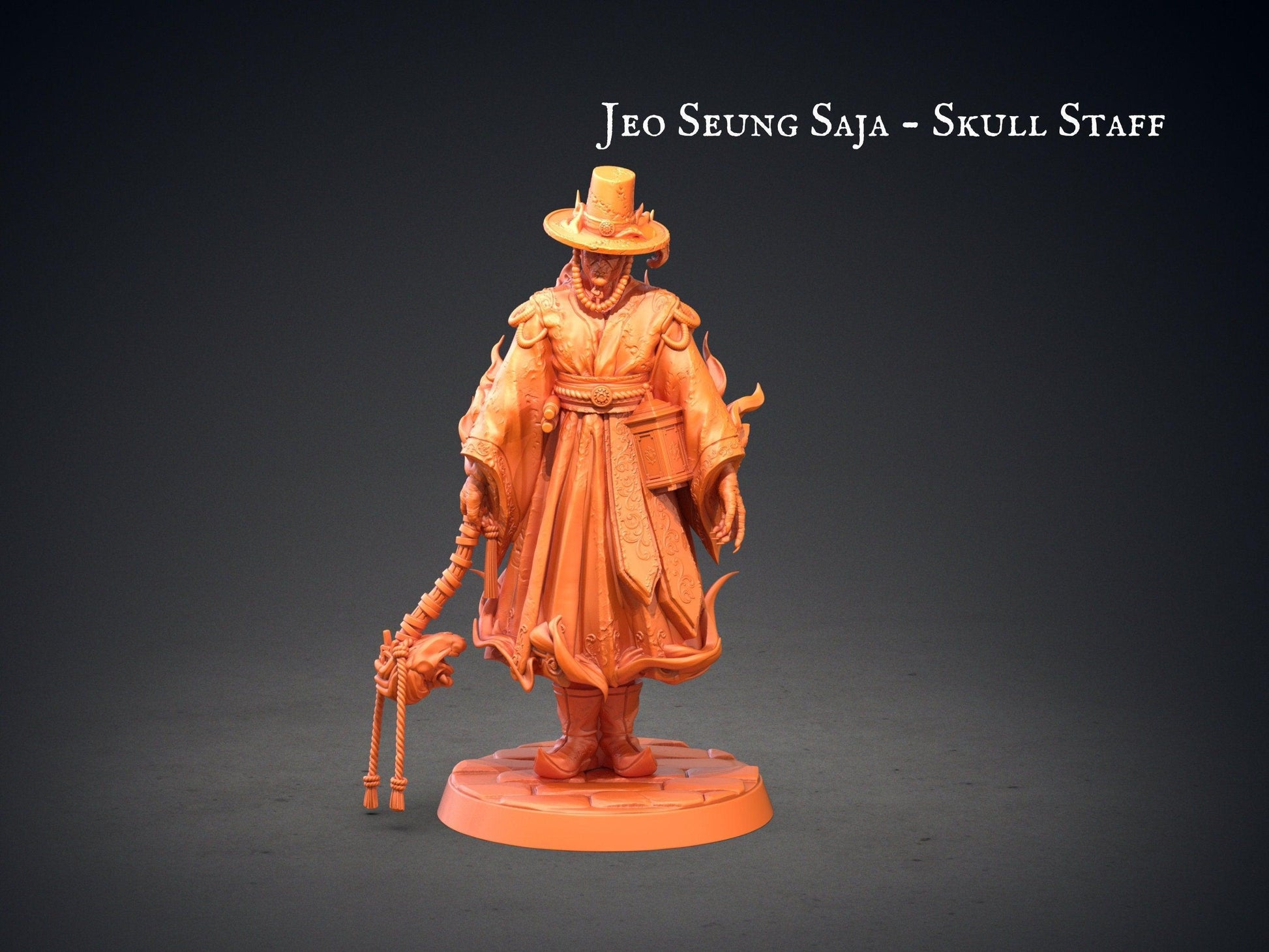 Jeoseung Saja miniature with Book | 3 Unique Figures with Skull Staff, Pipe, and Book for Tabletop RPGs | 32mm Scale - Plague Miniatures