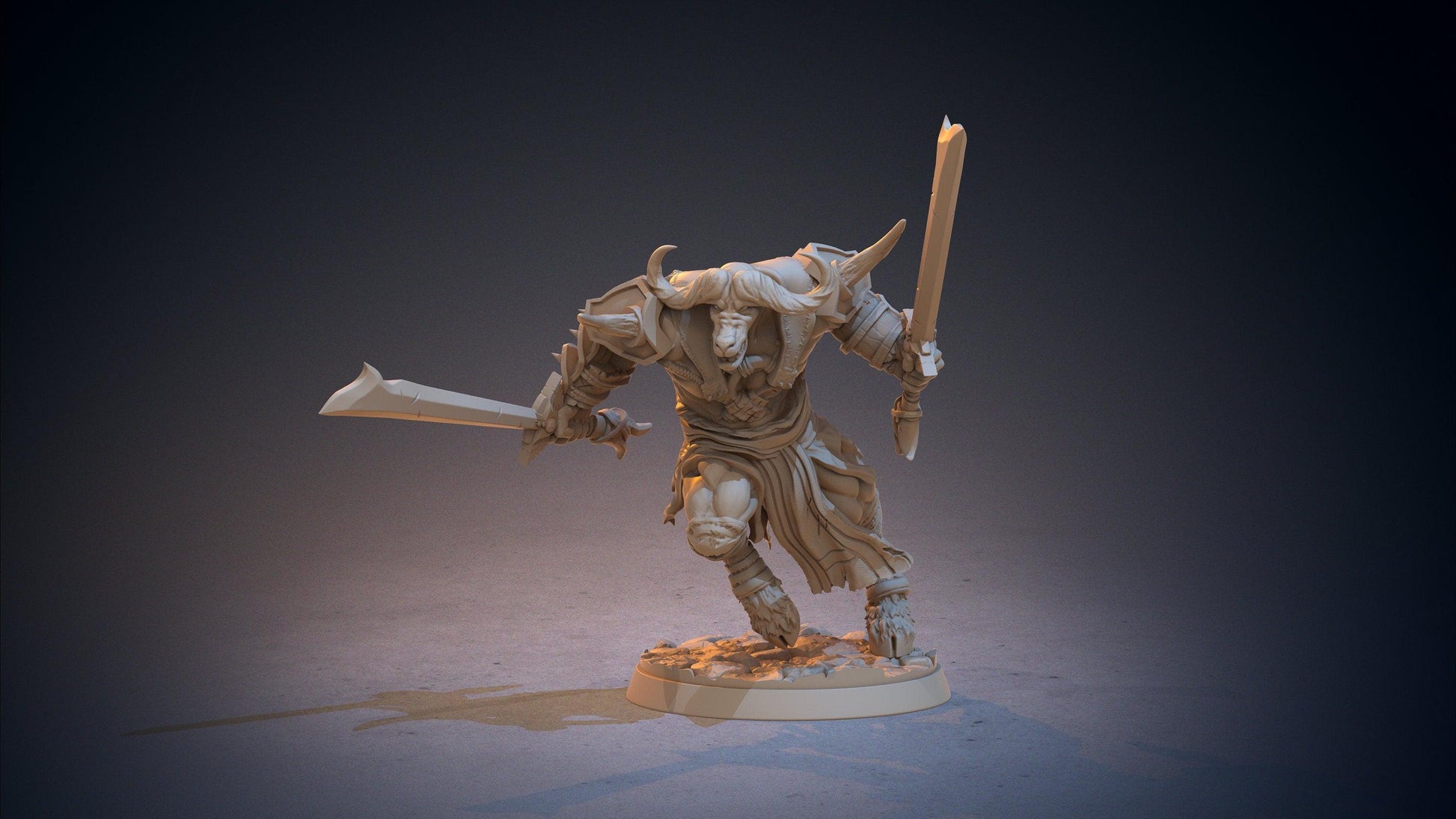 Kalkyu Minotaur Cowborn Miniature | Dual-Sword Wielding Warrior | 32mm Scale - Plague Miniatures