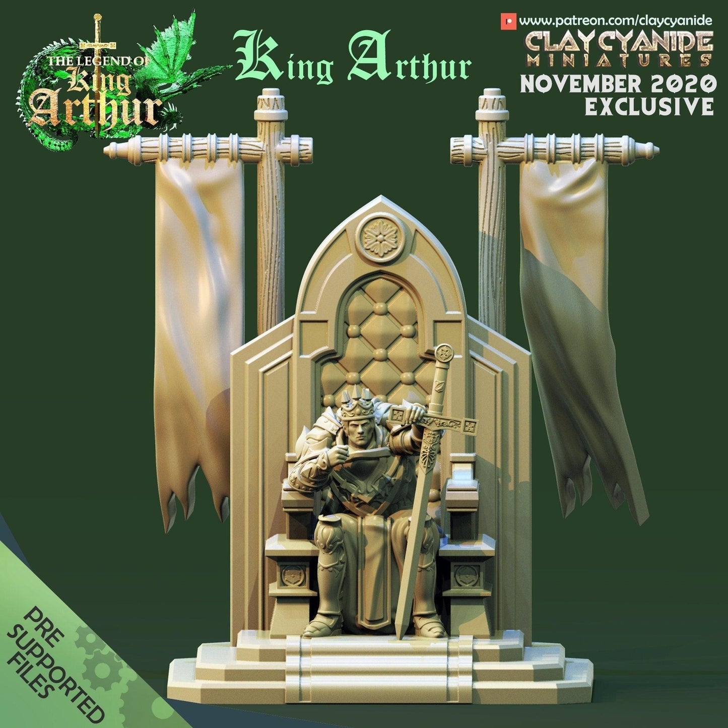 King Arthur with Excalibur on Throne Miniature | Epic Tabletop RPG Figure | 32mm Scale - Plague Miniatures