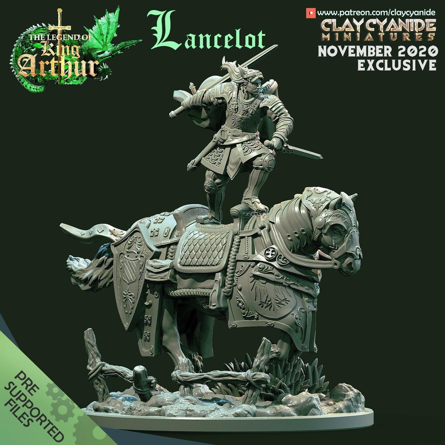 Lancelot on Horse Miniature Set | Dynamic Tabletop RPG Figures with Interchangeable Bases | 32mm Scale - Plague Miniatures