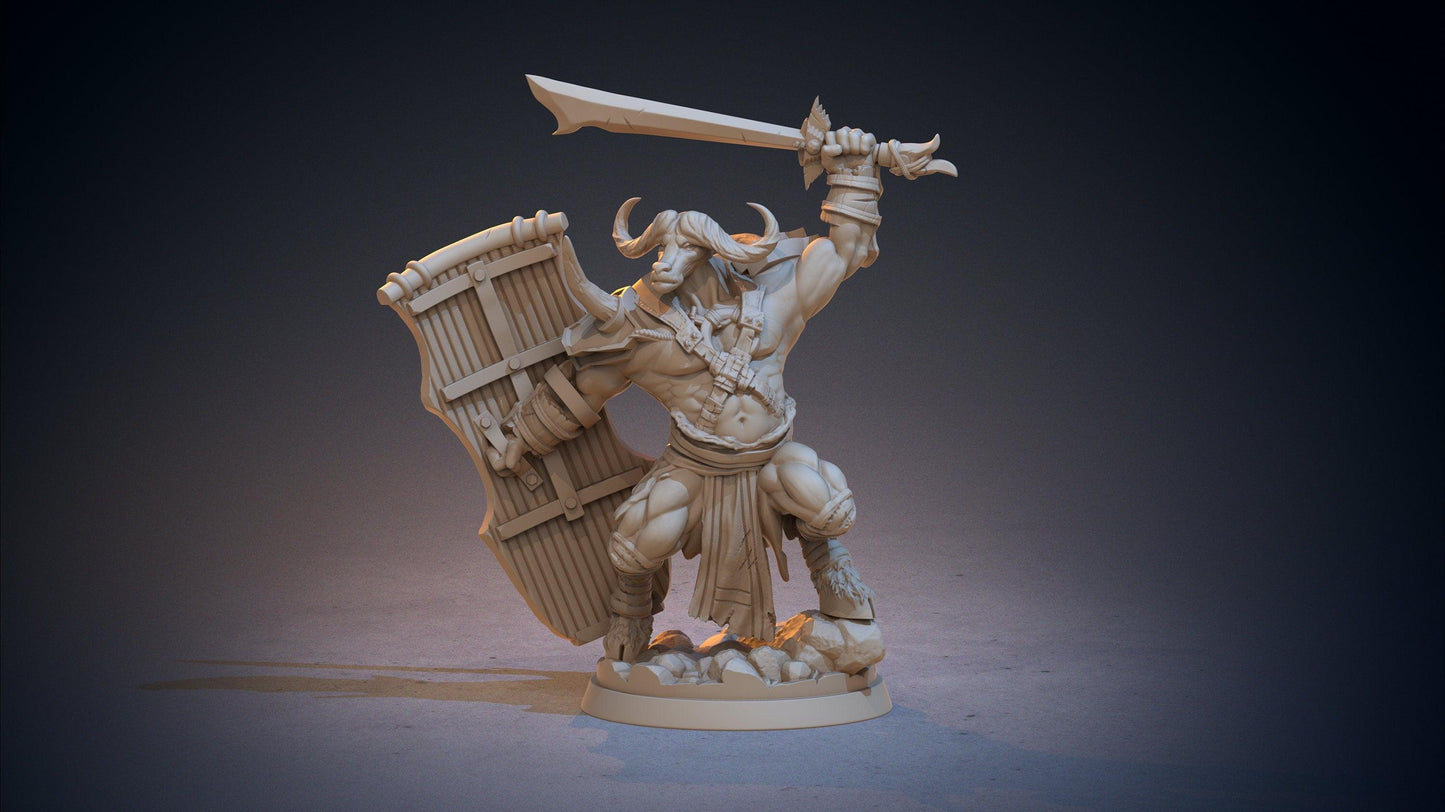 Loshyon Minotaur Miniature | Sword and Shield Bovine Defender | 32mm Scale - Plague Miniatures