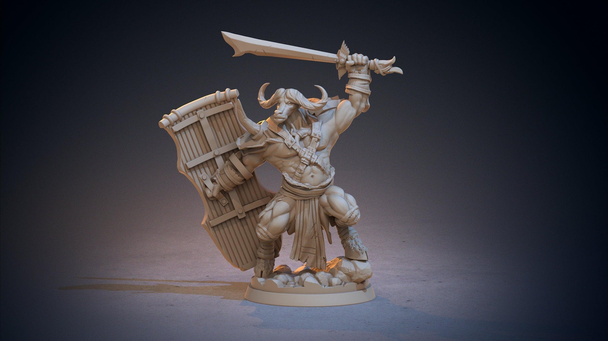 Loshyon Minotaur Miniature | Sword and Shield Bovine Defender | 32mm Scale - Plague Miniatures