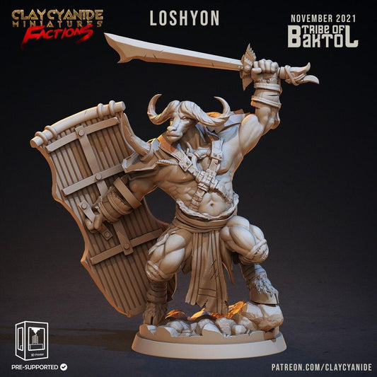 Loshyon Minotaur Miniature | Sword and Shield Bovine Defender | 32mm Scale - Plague Miniatures