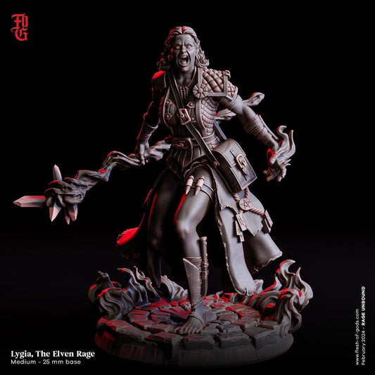 Lygia, Elven Rage Elf Sorceress Miniature | Fiery Enchantress of Elven Fury | 32mm Scale - Plague Miniatures