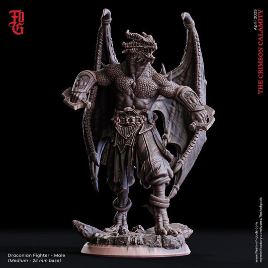 Male Draconian Fighter Miniature | Formidable Warrior for DnD Realms | 32mm Scale - Plague Miniatures