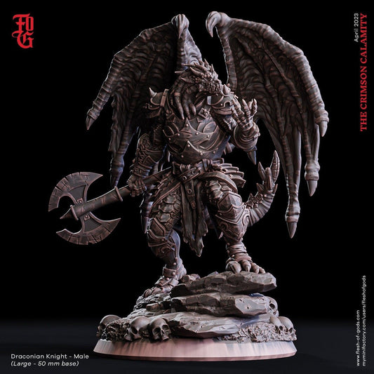 Male Draconian Knight Miniature | Noble Guardian of DnD Realms | 50mm Base - Plague Miniatures