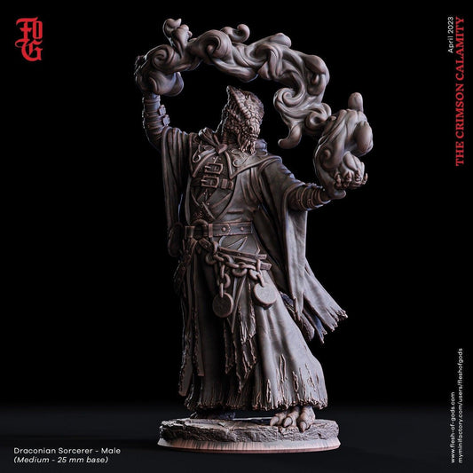 Male Draconian Sorcerer Miniature | Magical Conduit of DnD Realms | 32mm Scale - Plague Miniatures