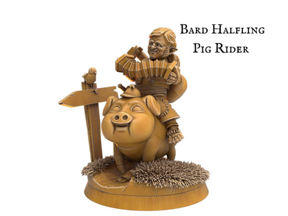 Male Halfling Bard Miniature Pig Riders - 3 Poses - 32mm scale Tabletop gaming DnD Miniature Dungeons and Dragons, dnd bard halfling - Plague Miniatures