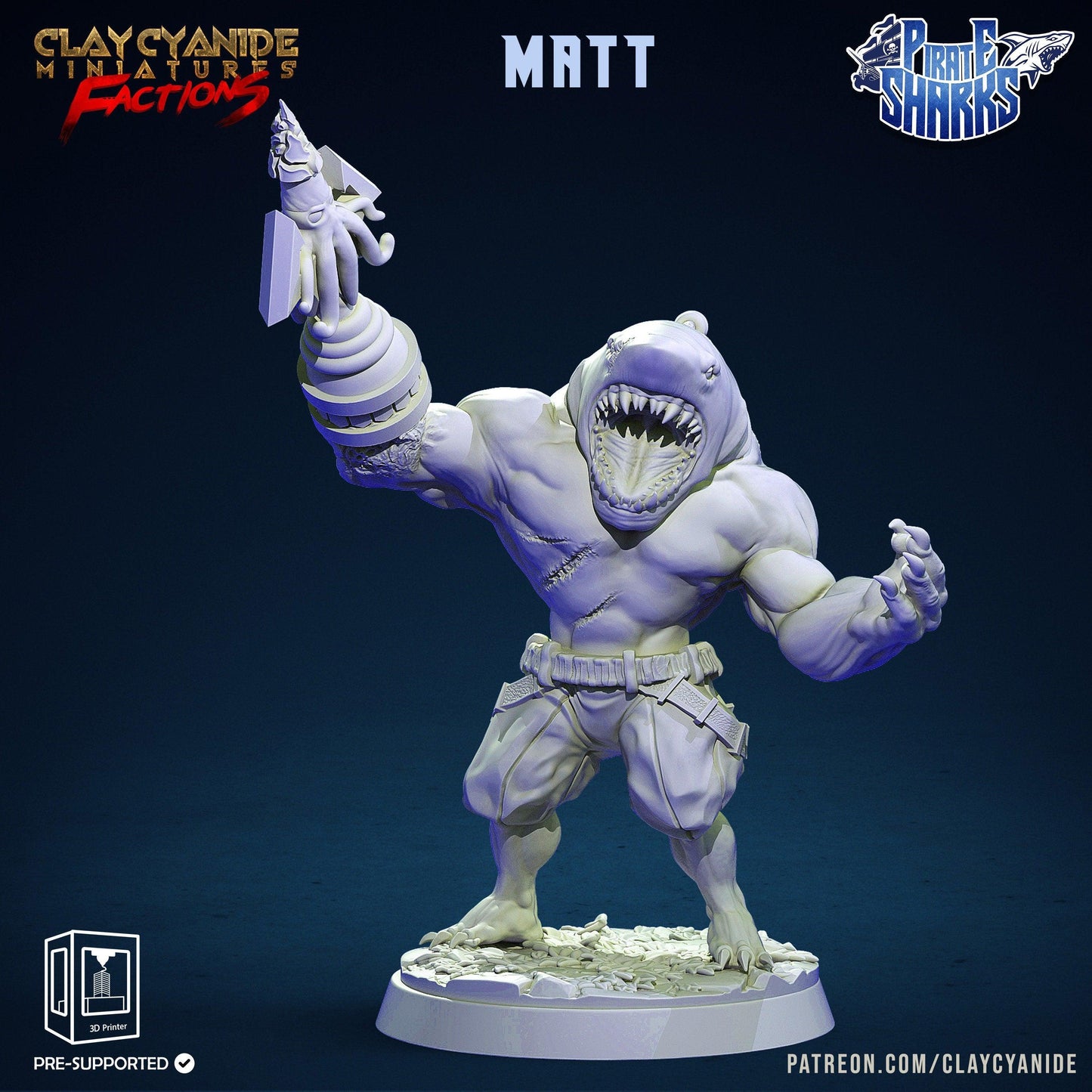 Matt, the Fearsome Pirate Shark with a Modified Hand Miniature | Shark-Themed DnD Miniature | Pirate 32mm Scale - Plague Miniatures