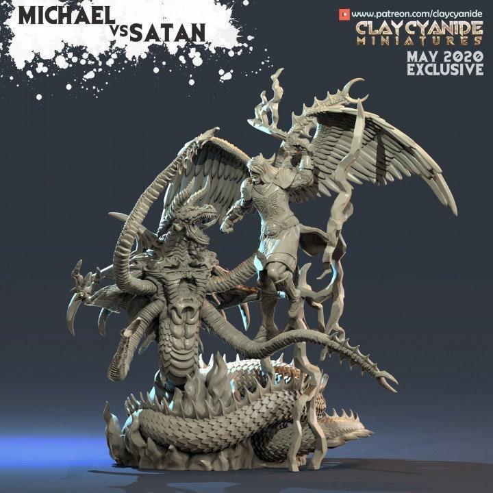 Michael vs. Satan Miniature | Epic Battle Scene Figurine | 32mm Scale - Plague Miniatures shop for DnD Miniatures