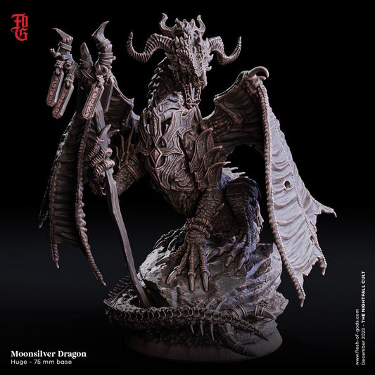 Moonsilver Dragon Miniature | Large Dragon Figurine Dungeons and Dragons 5e DnD Unique Dragon with Staff | 75mm Base - Plague Miniatures