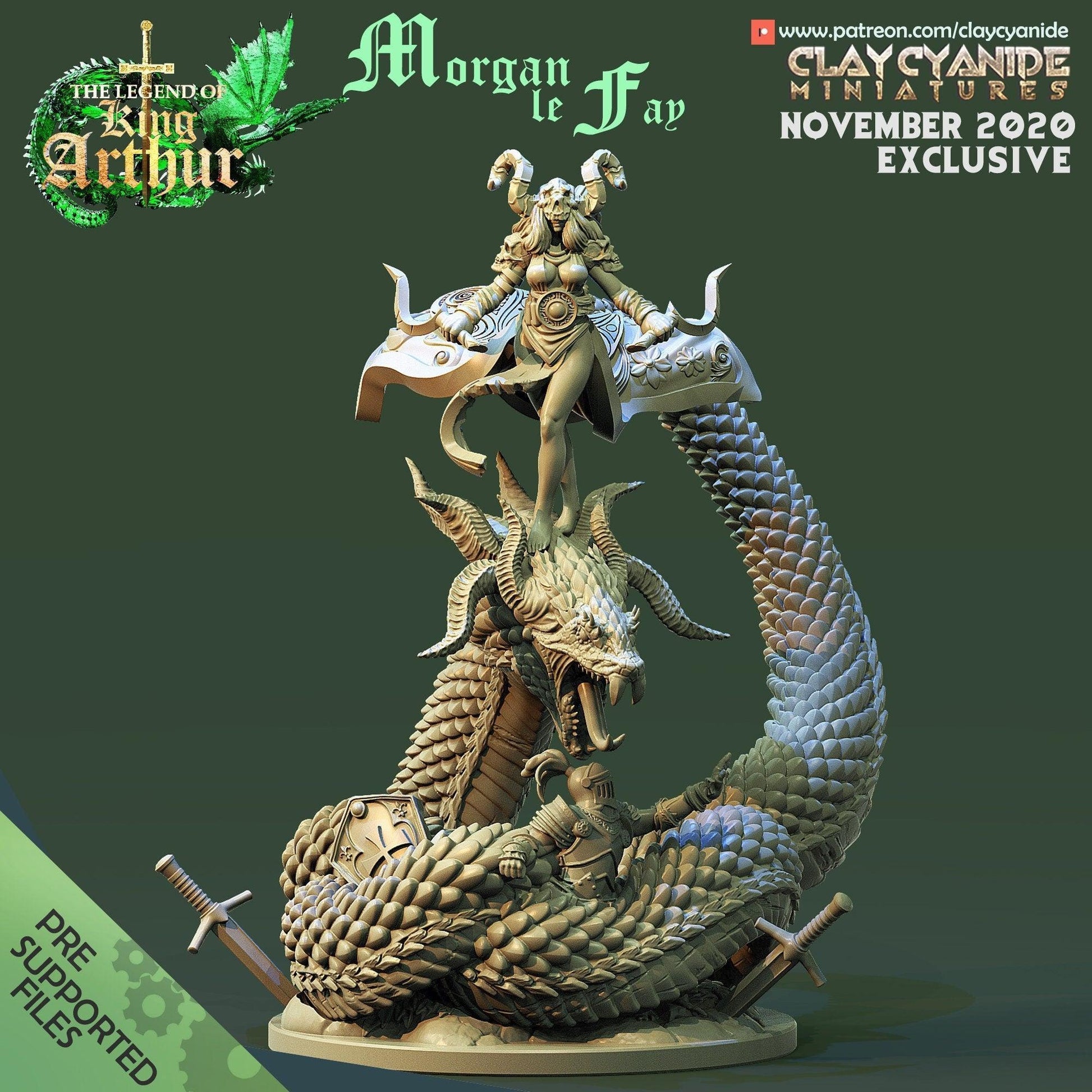 Morgan Le Fay Miniature | Enchanting Sorceress Atop Serpent Devouring a Knight | 32mm Scale - Plague Miniatures