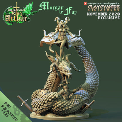 Morgan Le Fay Miniature | Enchanting Sorceress Atop Serpent Devouring a Knight | 32mm Scale - Plague Miniatures