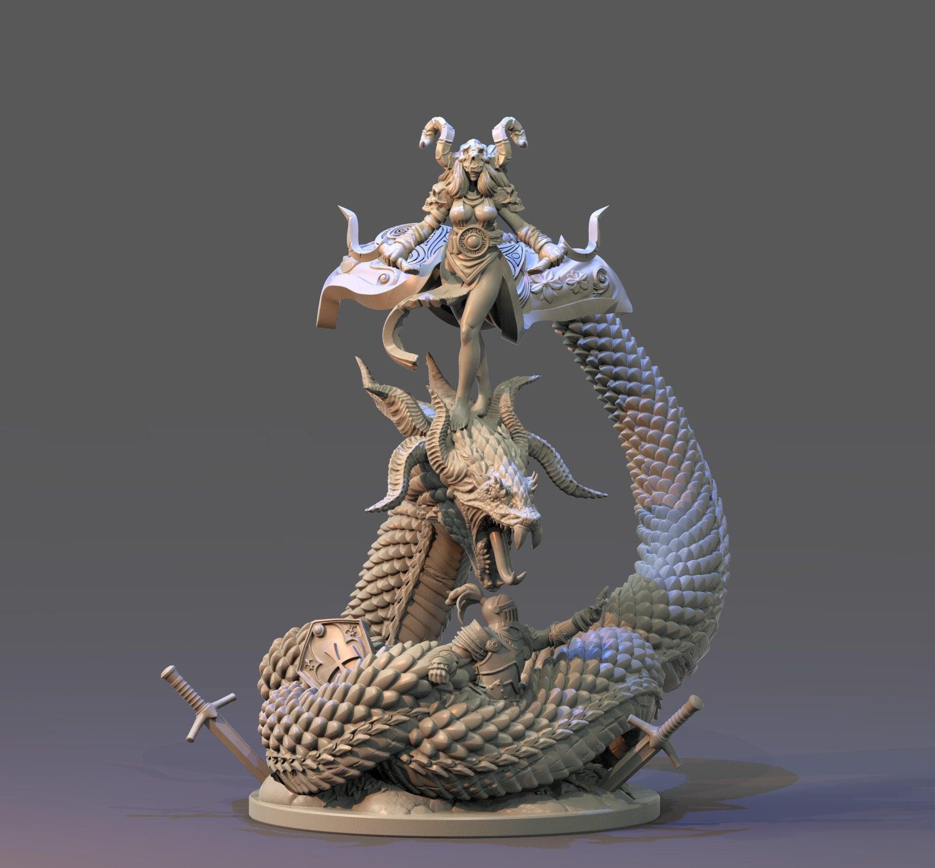 Morgan Le Fay Miniature | Enchanting Sorceress Atop Serpent Devouring a Knight | 32mm Scale - Plague Miniatures