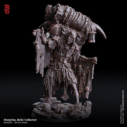 Morgrim, the Relic Collector Miniature | Wandering Peddler NPC for Your RPG World | 32mm Scale or 75mm Scale - Plague Miniatures shop for DnD Miniatures