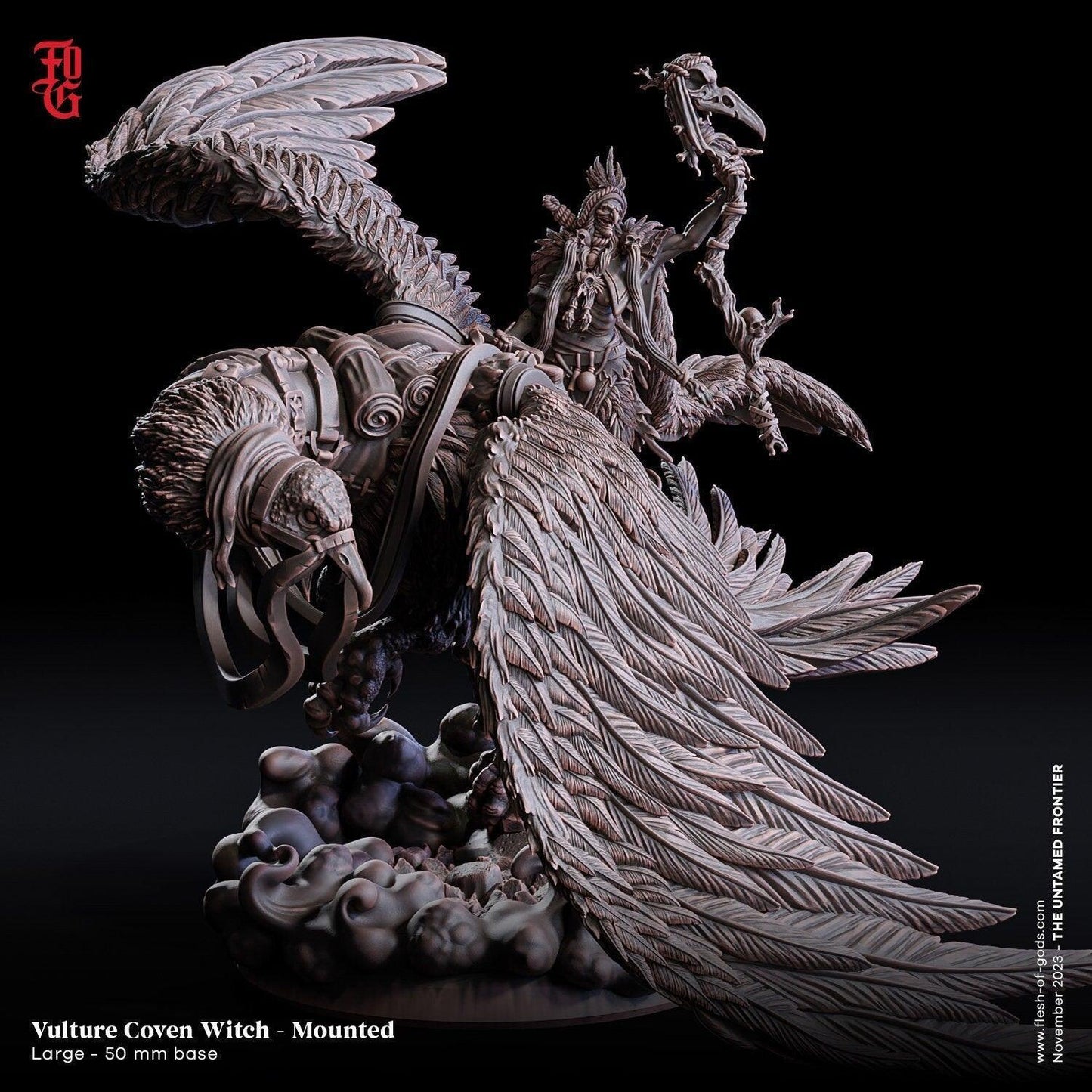 Mounted Vulture Coven Witch Miniature | Bewitching Addition for Wild West Campaigns | 50mm Base - Plague Miniatures