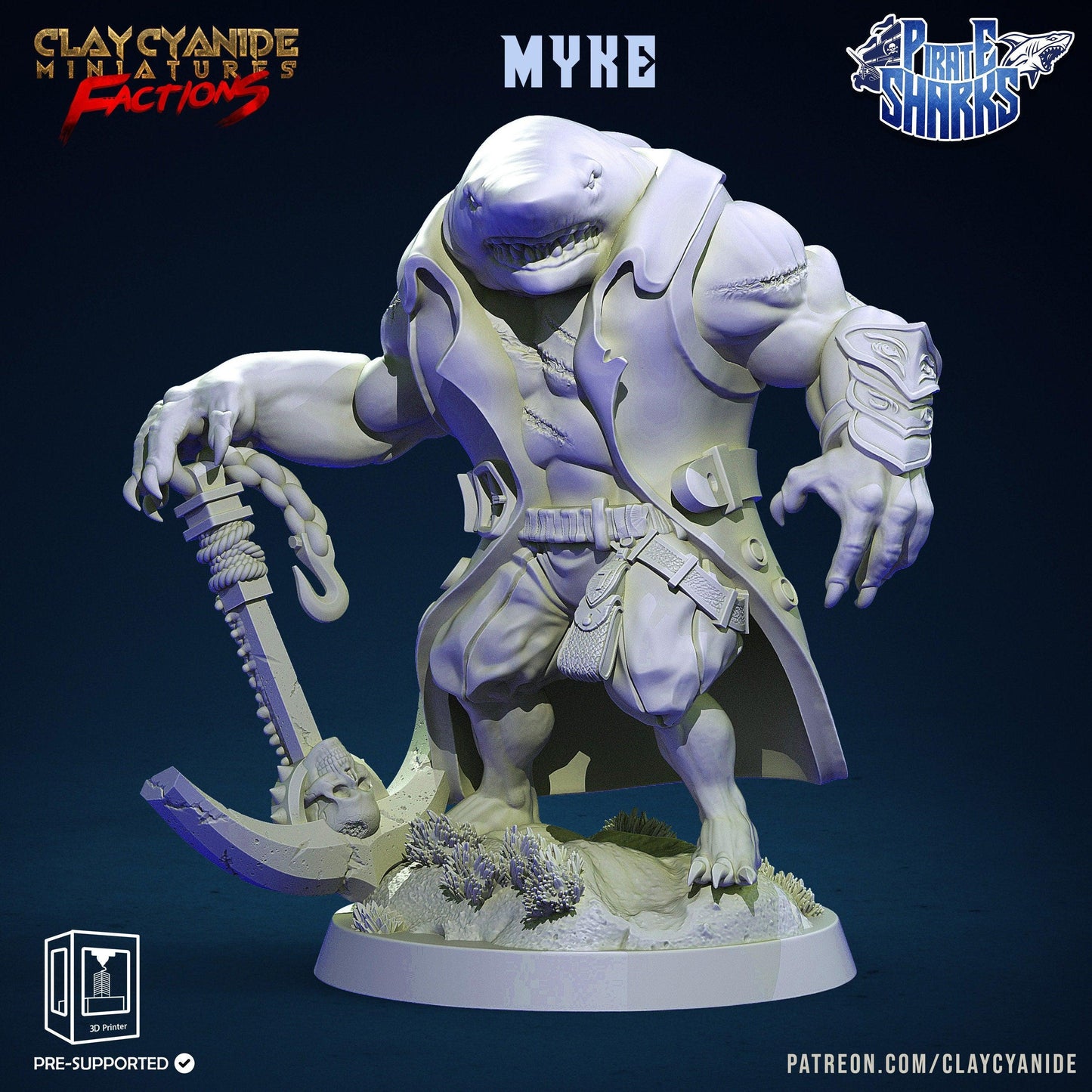Myke, the Muscular Pirate Shark with an Anchor Miniature | Sea Adventure DnD Miniature | Pirate Sharkin 32mm Scale - Plague Miniatures