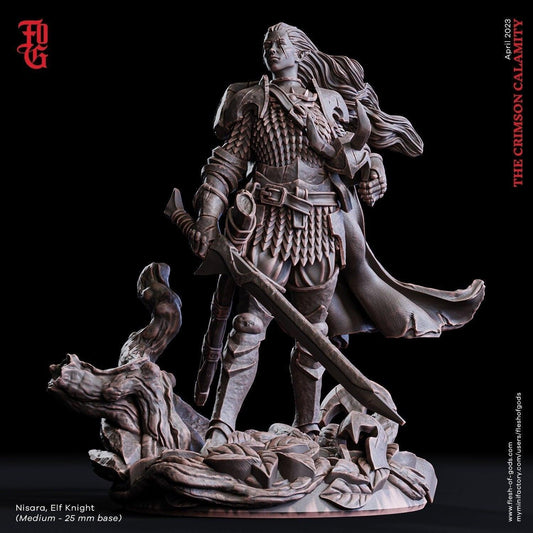 Nisara, Elven Knight Miniature | Graceful Warrior in DnD Adventures | 32mm Scale or 75mm Scale - Plague Miniatures