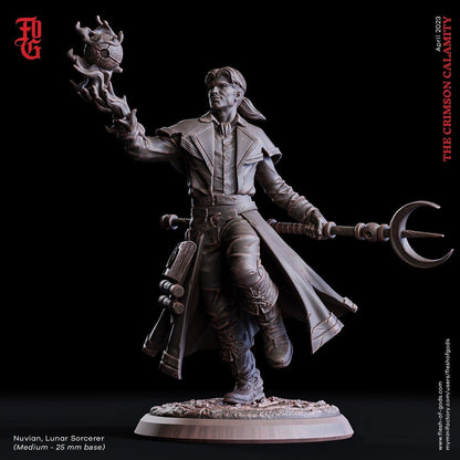 Nuvian, Lunar Sorcerer Miniature | Harness Moonlit Magic in DnD Adventures | 32mm Scale - Plague Miniatures