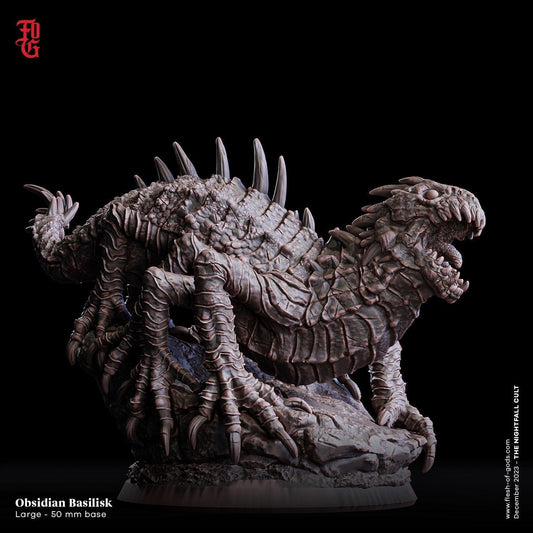 Obsidian Basilisk Miniature | Fantasy Monstrosity Figurine | 50mm Base - Plague Miniatures