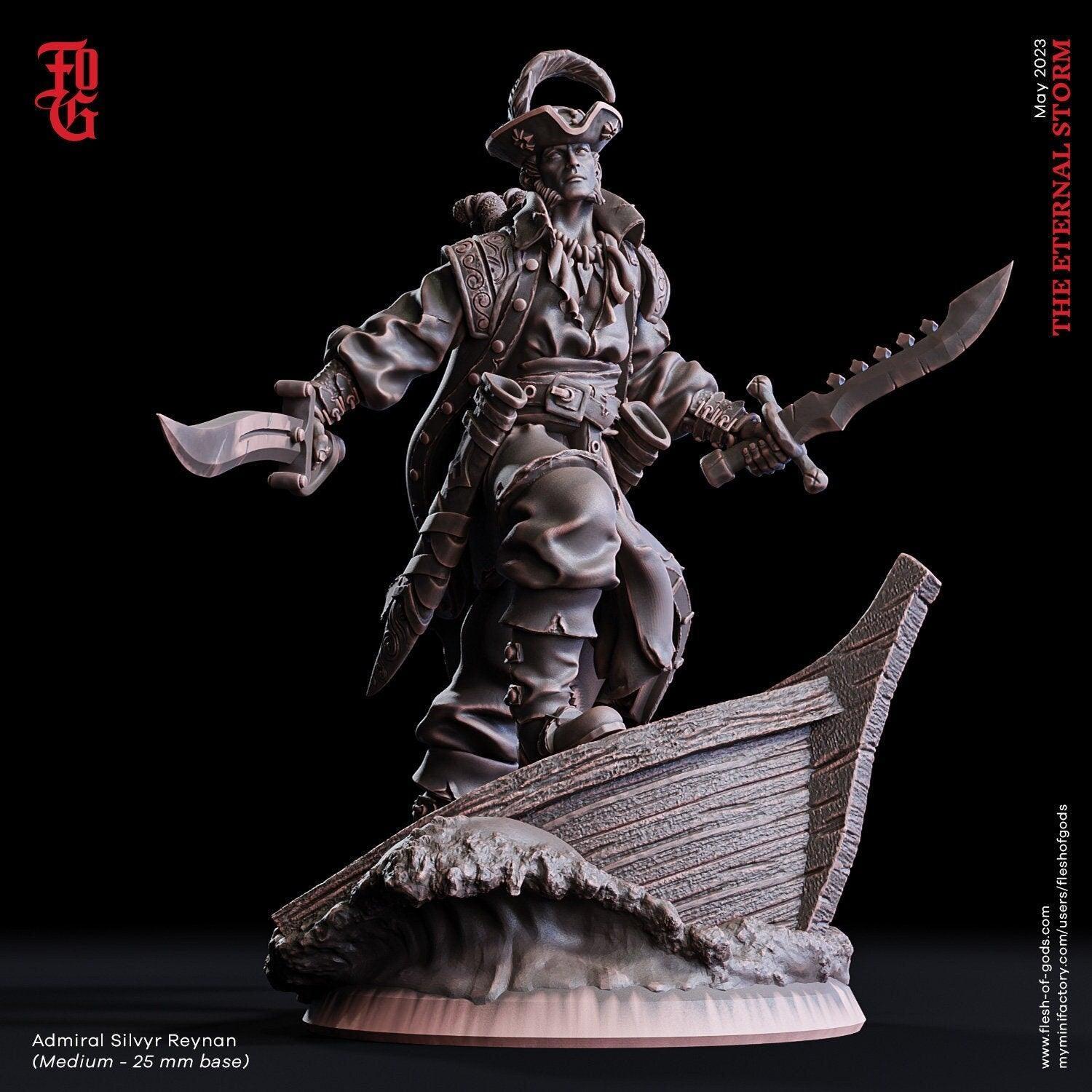 Pirate Admiral, Silvyr Reynan Miniature | Nautical Commander for DnD Adventures | 32mm Scale or 75mm Scale - Plague Miniatures