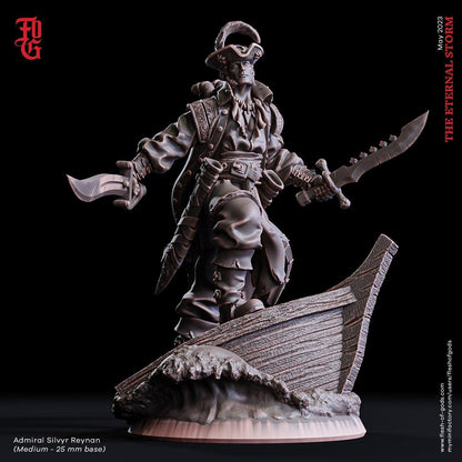 Pirate Admiral, Silvyr Reynan Miniature | Nautical Commander for DnD Adventures | 32mm Scale or 75mm Scale - Plague Miniatures
