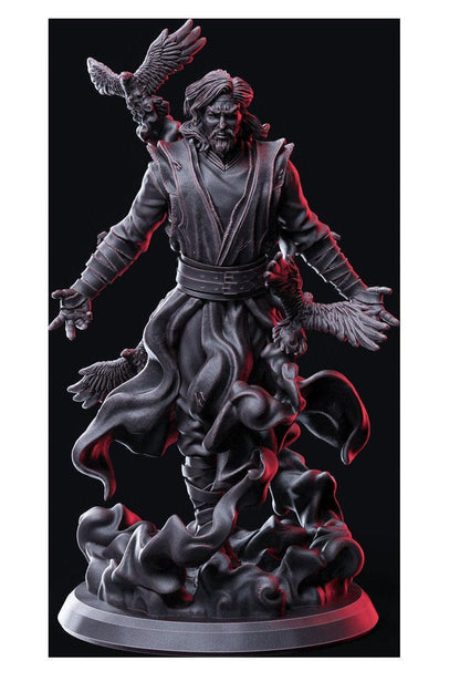 Raven Mage Miniature | Male Human Wizard with Raven Companion | 32mm Scale - Plague Miniatures