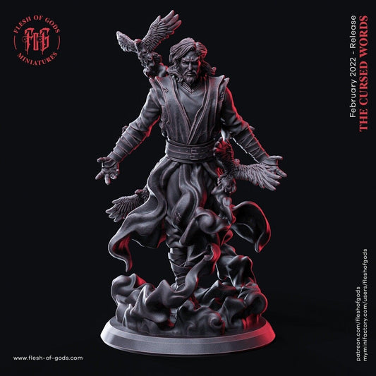 Raven Mage Miniature | Male Human Wizard with Raven Companion | 32mm Scale - Plague Miniatures