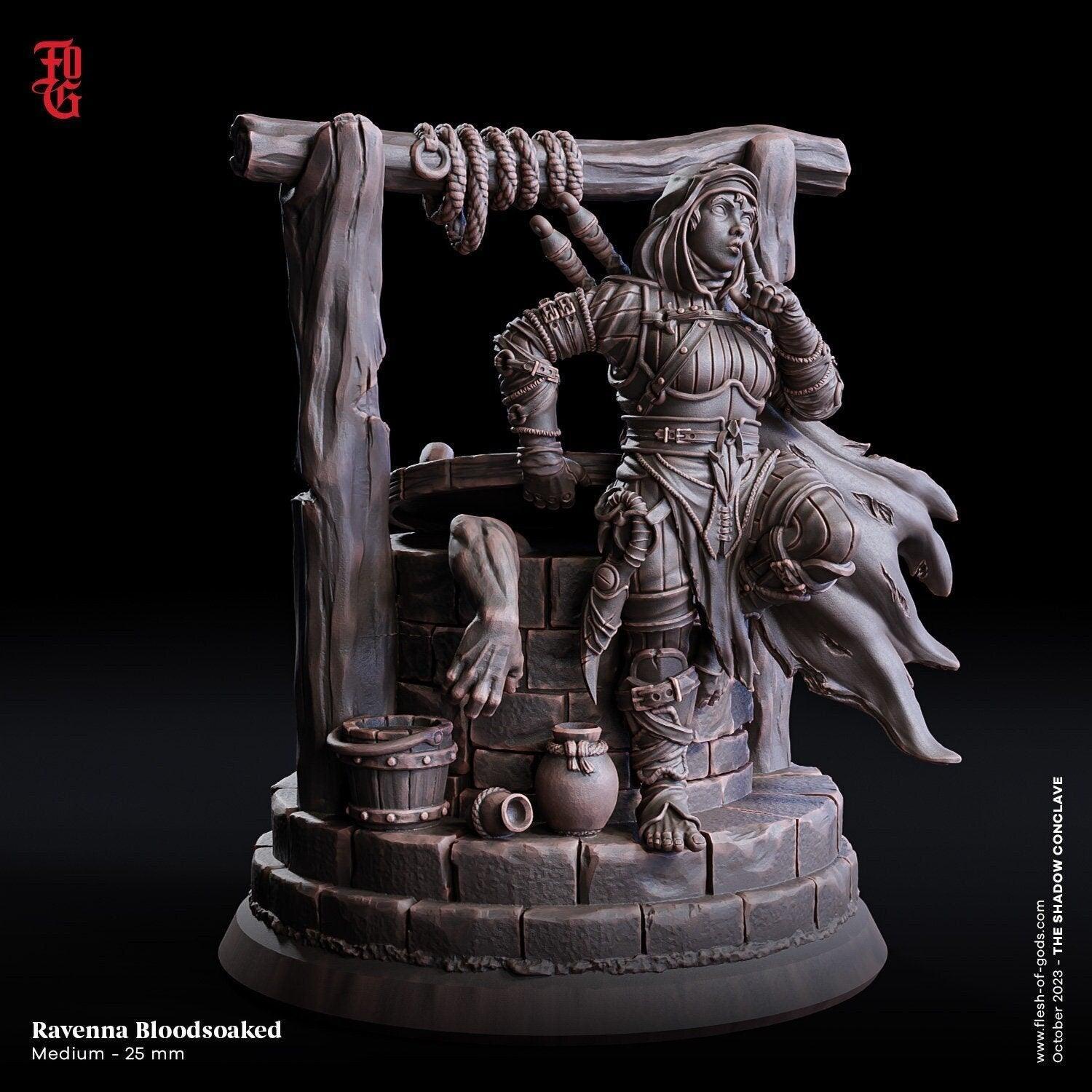 Ravenna Bloodsoaked Female Halfling | Assassin Rogue Miniature for Stealthy Pursuits | 32mm Scale or 75mm Scale - Plague Miniatures