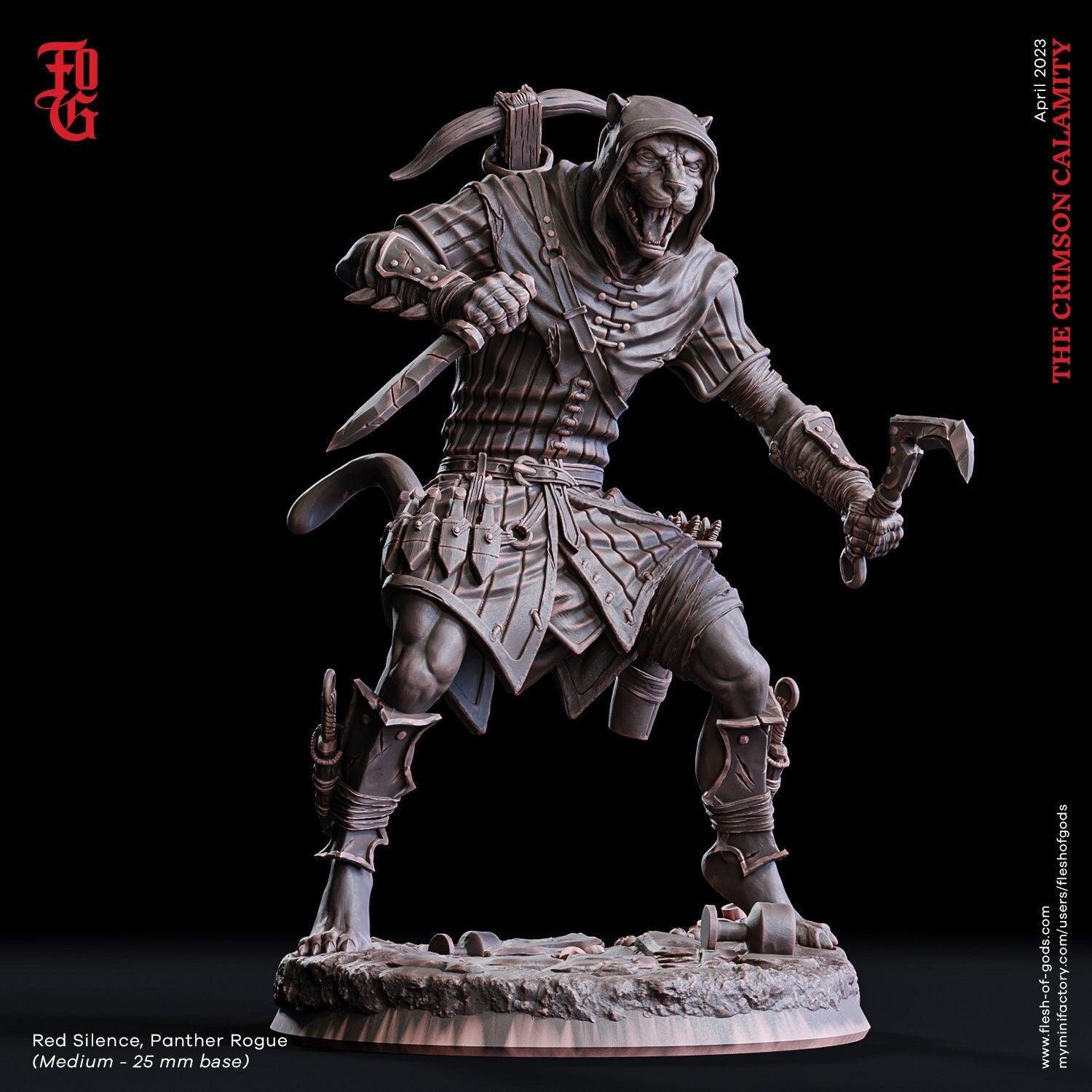 Red Silence, Panther Rogue Miniature | Stealthy Hybrid Assassin in DnD Adventures | 32mm Scale - Plague Miniatures