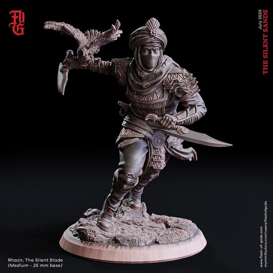 Rhazir, Silent Blade Miniature | Egyptian Rogue for DnD Adventures | 32mm Scale or 75mm Scale - Plague Miniatures