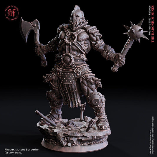Rhuvar, Mutant Barbarian Miniature | Ferocious Figurine for Tabletop Adventures | 32mm Scale or 75mm Scale - Plague Miniatures shop for DnD Miniatures