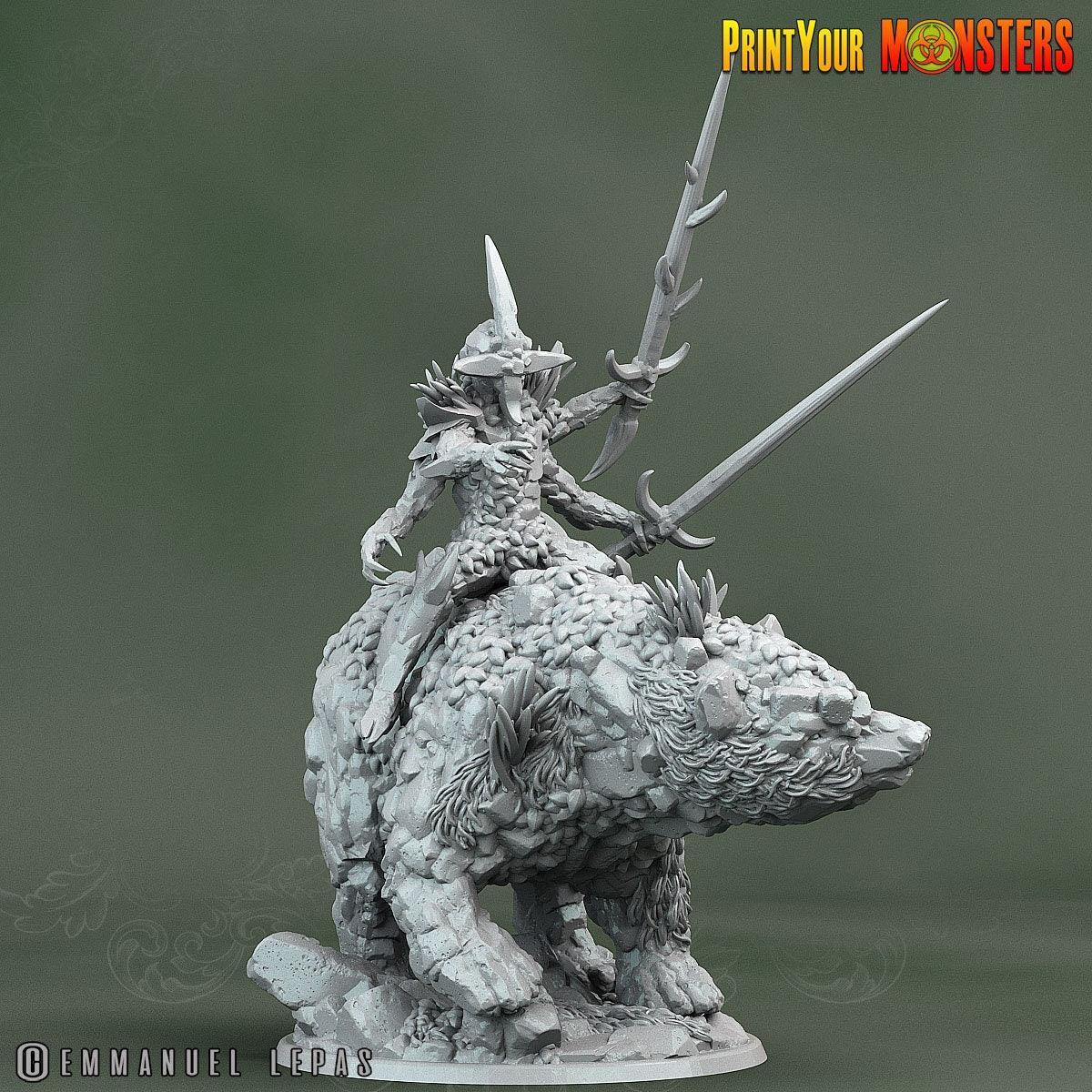 Rock Bear & Champion Rock Soldier Miniature Set | Stony Companions in Battle - Plague Miniatures