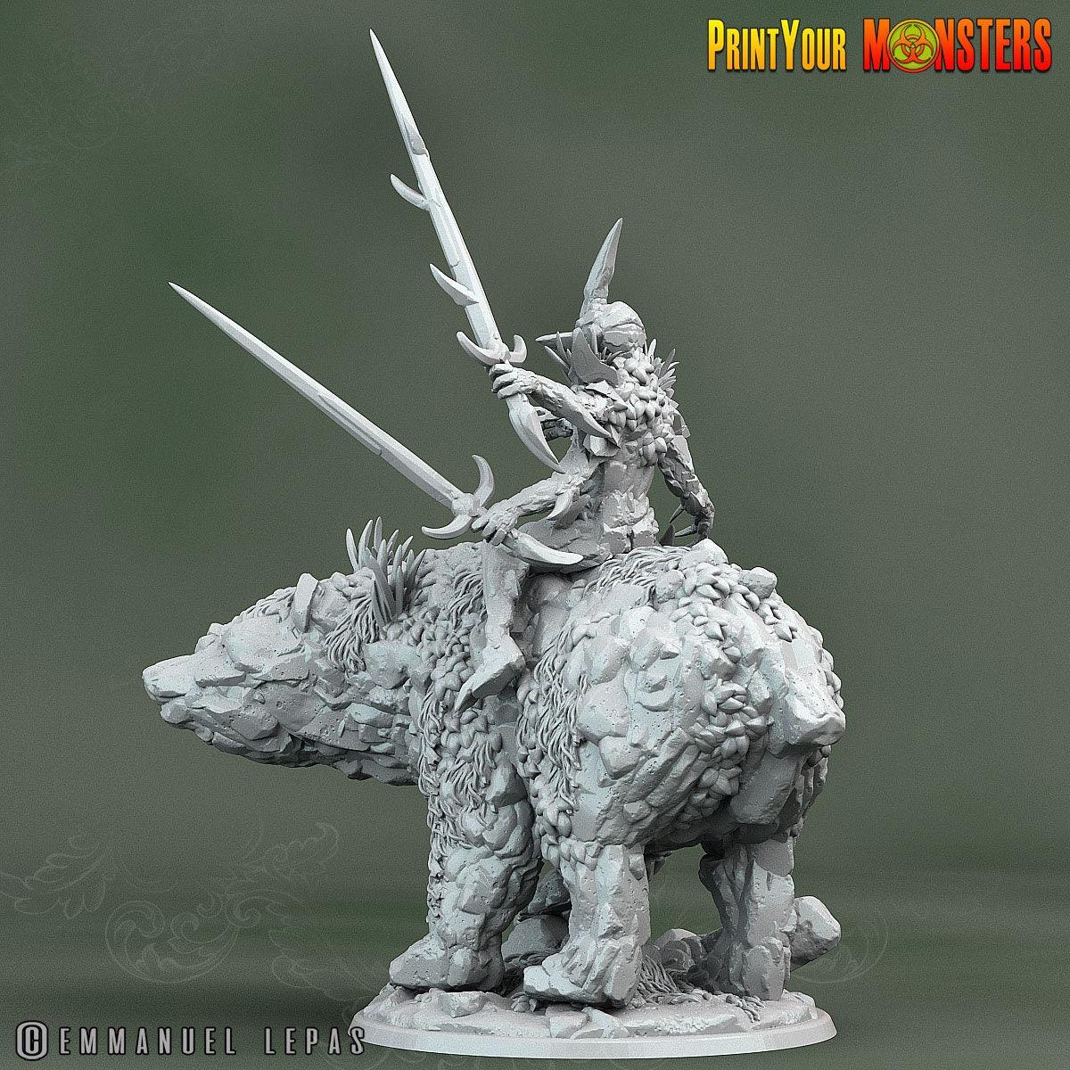 Rock Bear & Champion Rock Soldier Miniature Set | Stony Companions in Battle - Plague Miniatures