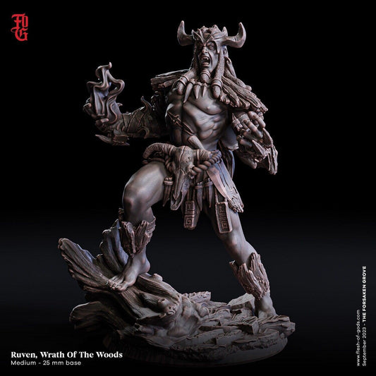 Ruven, Wrath of the Woods Miniature | Shaman Barbarian for DnD Adventures | 32mm Scale - Plague Miniatures