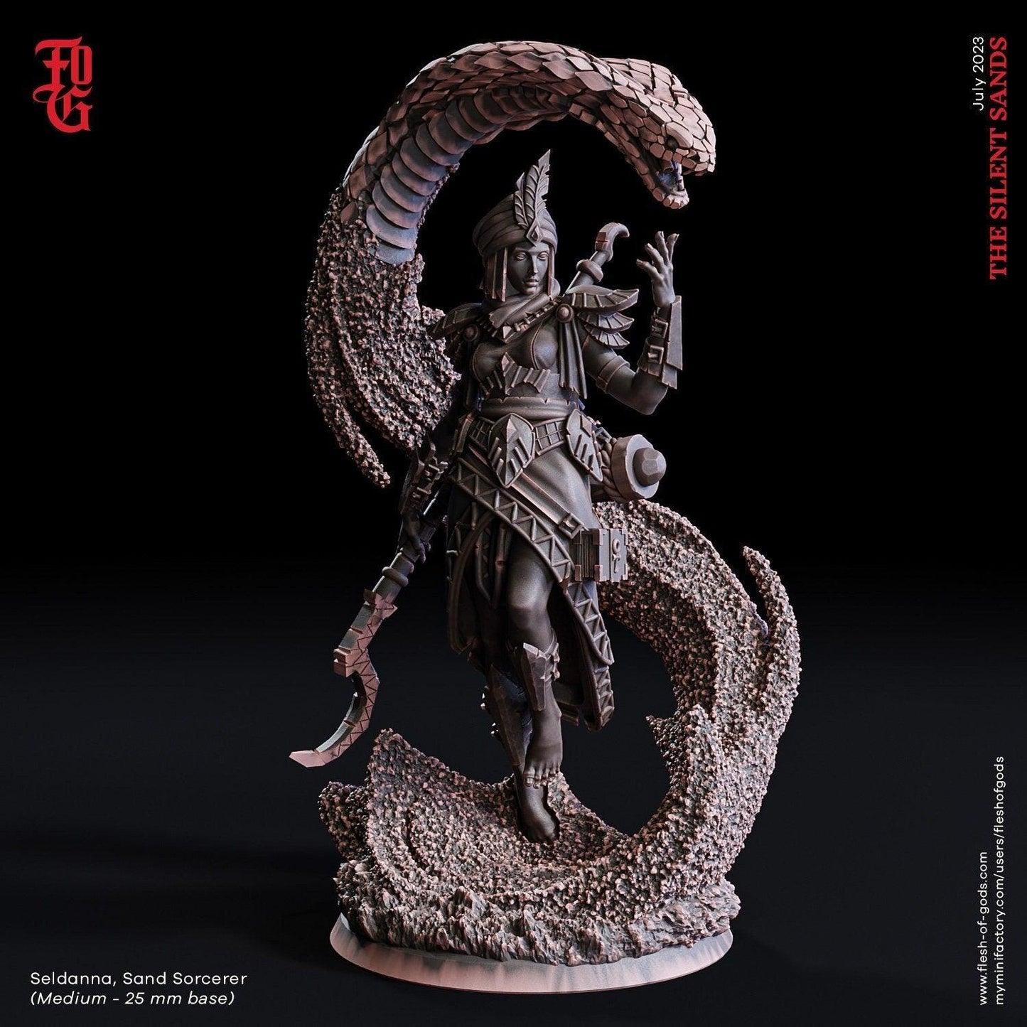 Seldanna, Female Sand Sorcerer Miniature | Mastering Sandborn Sorcery in DnD | 32mm Scale or 75mm Scale - Plague Miniatures