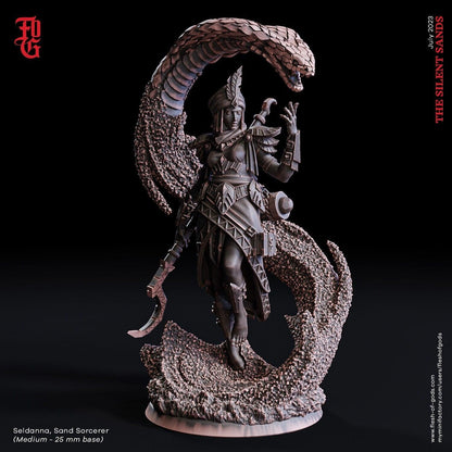 Seldanna, Female Sand Sorcerer Miniature | Mastering Sandborn Sorcery in DnD | 32mm Scale or 75mm Scale - Plague Miniatures