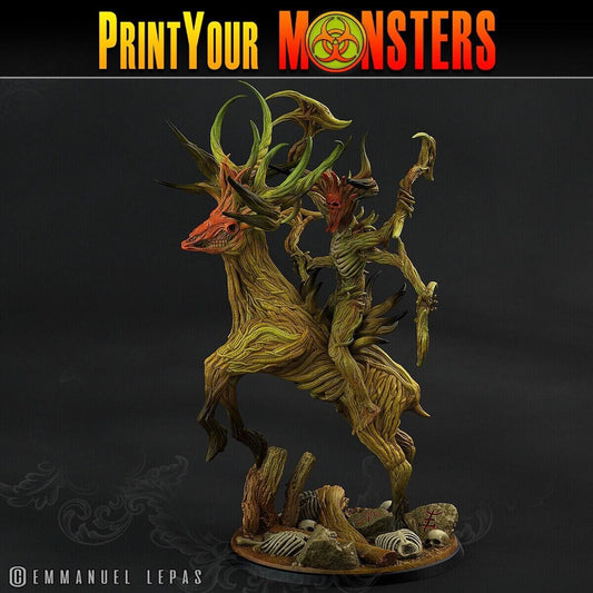 Shadowwood Sentinel Miniature | Dark Tree Man Champion Mounted on Stag Figurine - Plague Miniatures